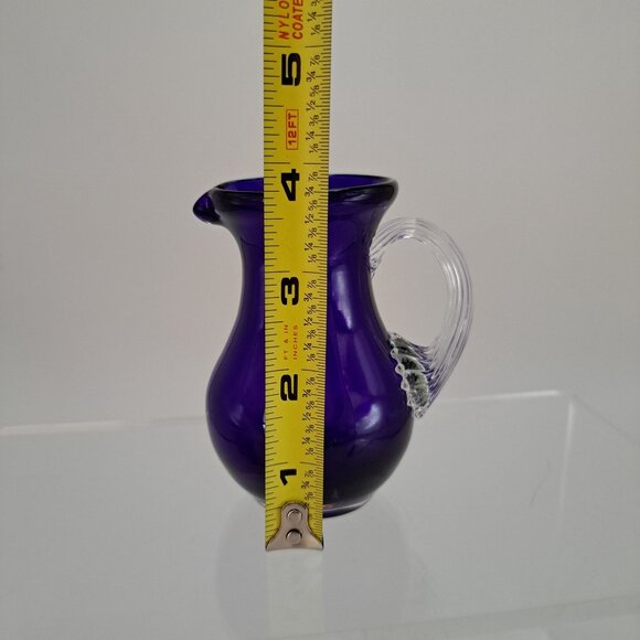 Pilgrim Glass Cobalt Blue Pitcher Clear Ribbed Applied Handle Vintage - Picture 2 of 10